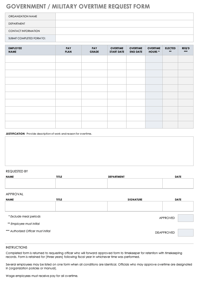 Government Military Overtime Request Form Template