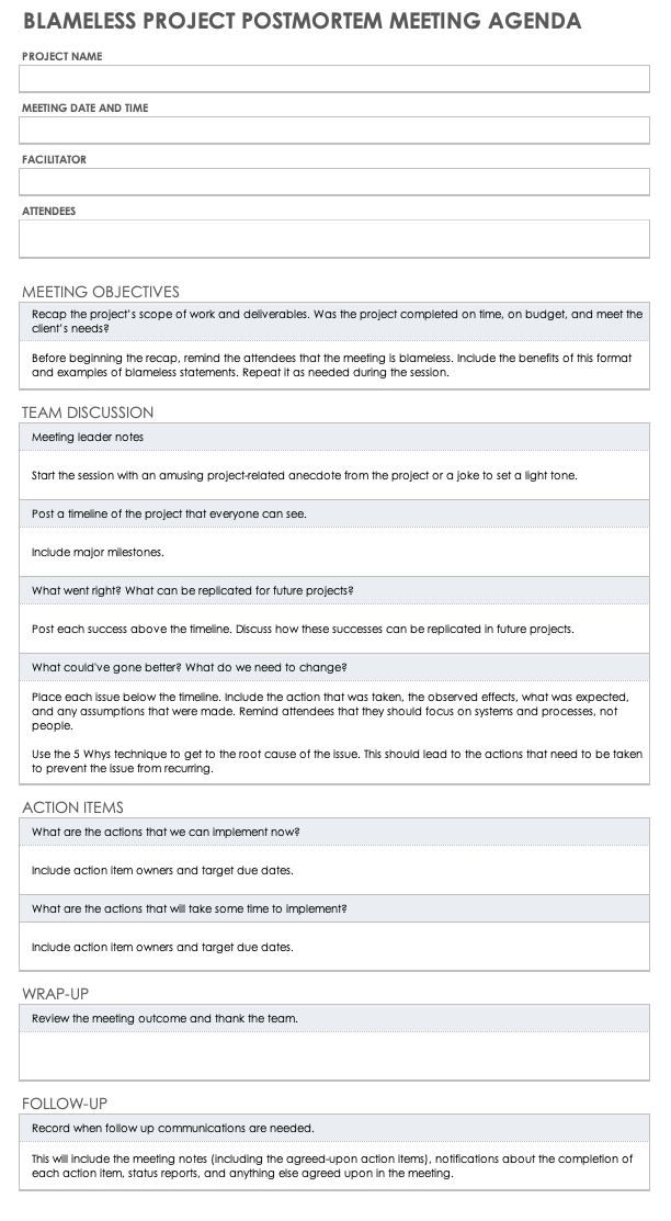 Blameless Project Postmortem Meeting Agenda Template