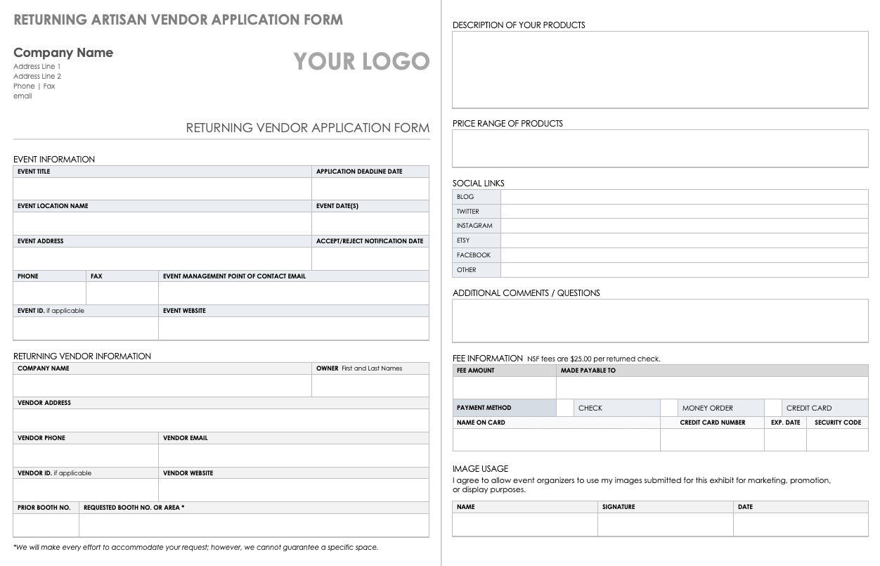 Returning Artisan Vendor Application Form Template