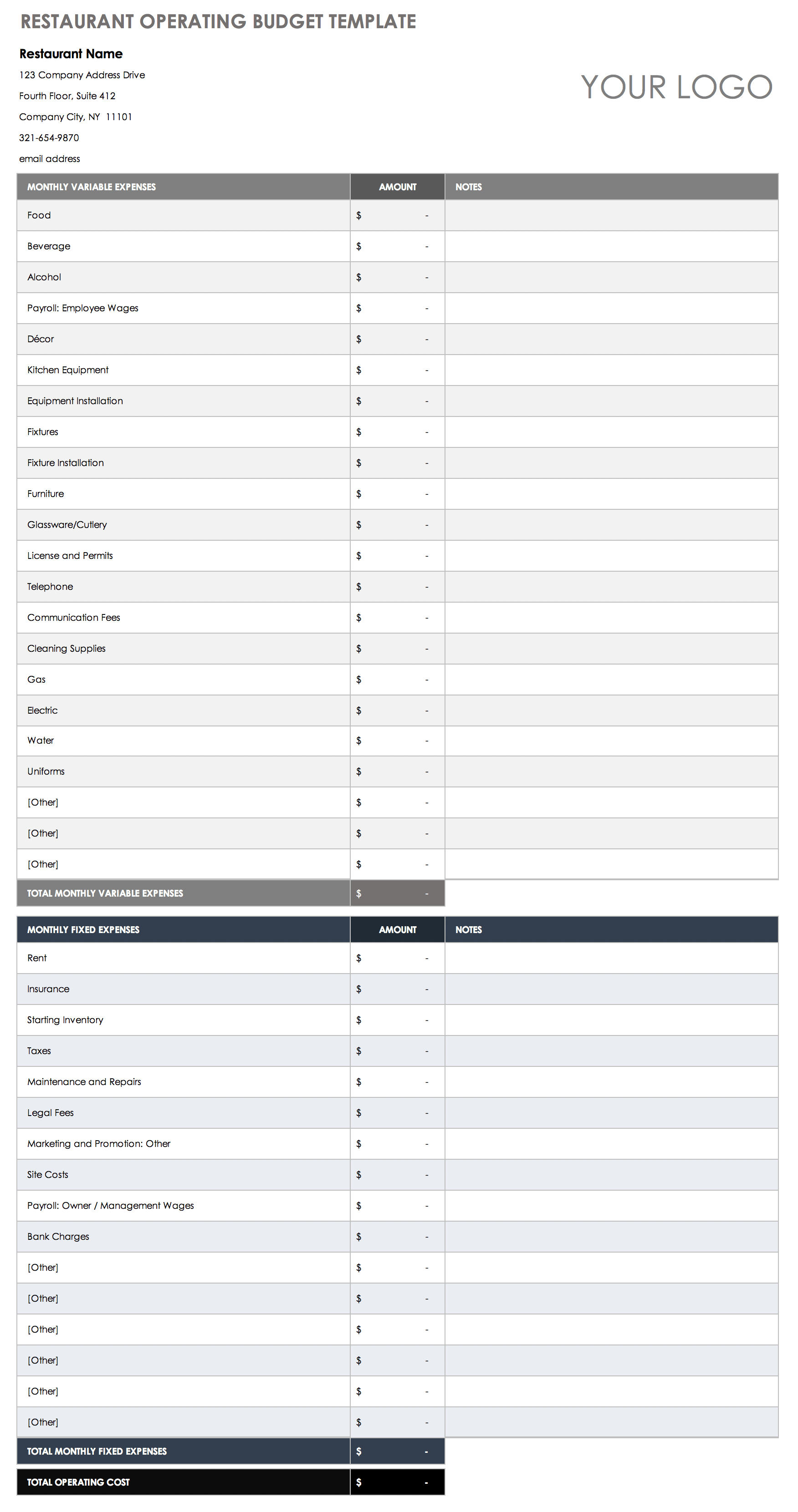 Restaurant Operating Budget Template