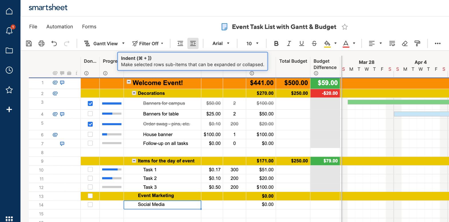 Indent row in Smartsheet