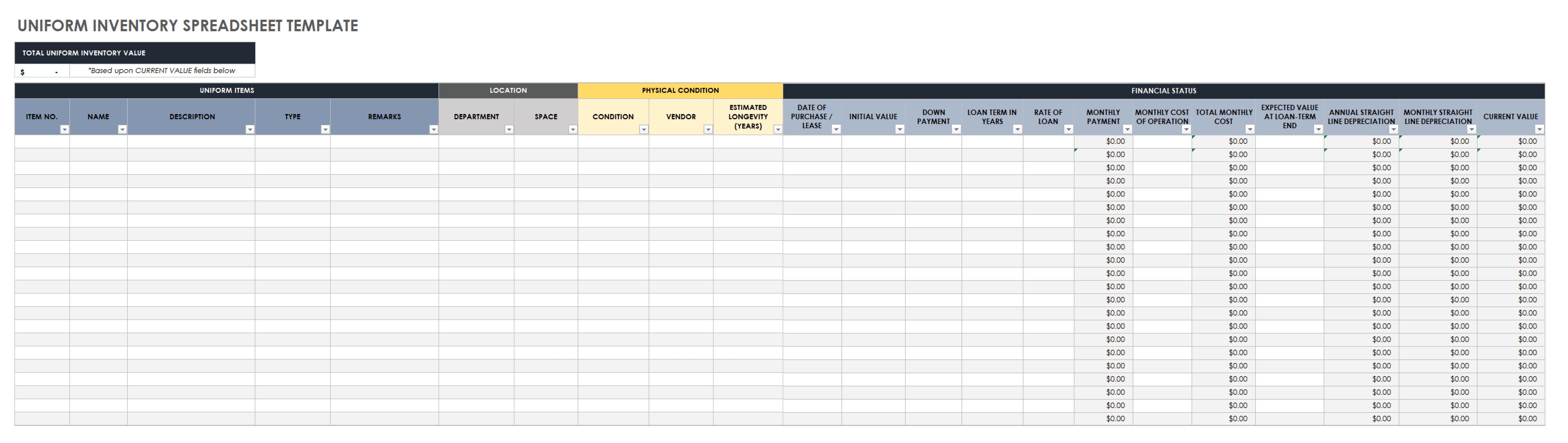 Uniform Inventory Spreadsheet Template