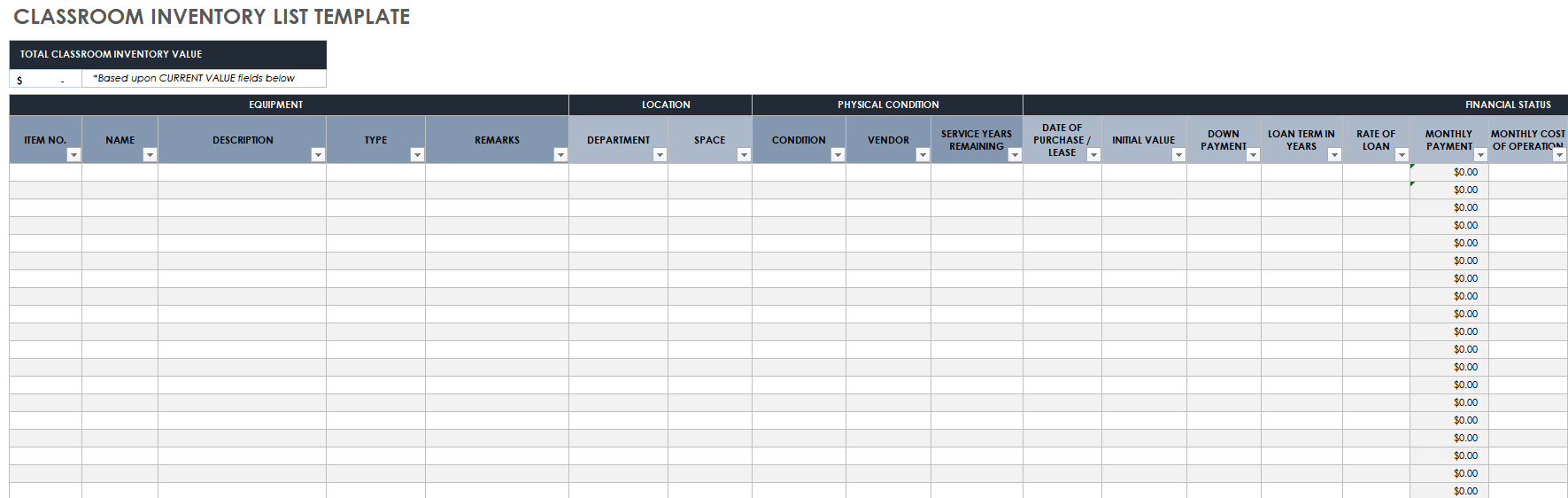 Classroom Inventory List Template