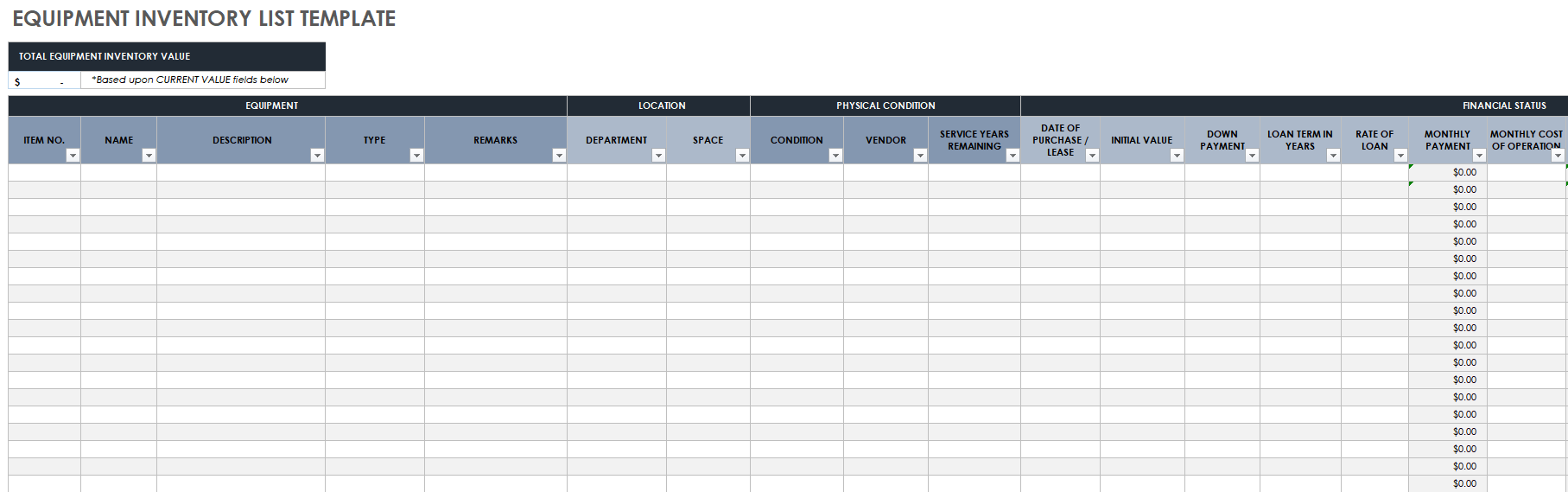 Equipment Inventory List Template