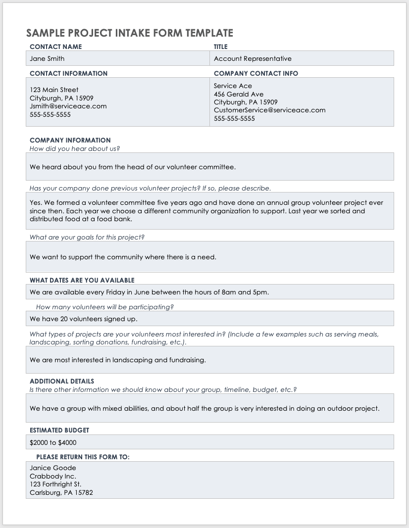 Sample Project Intake Form