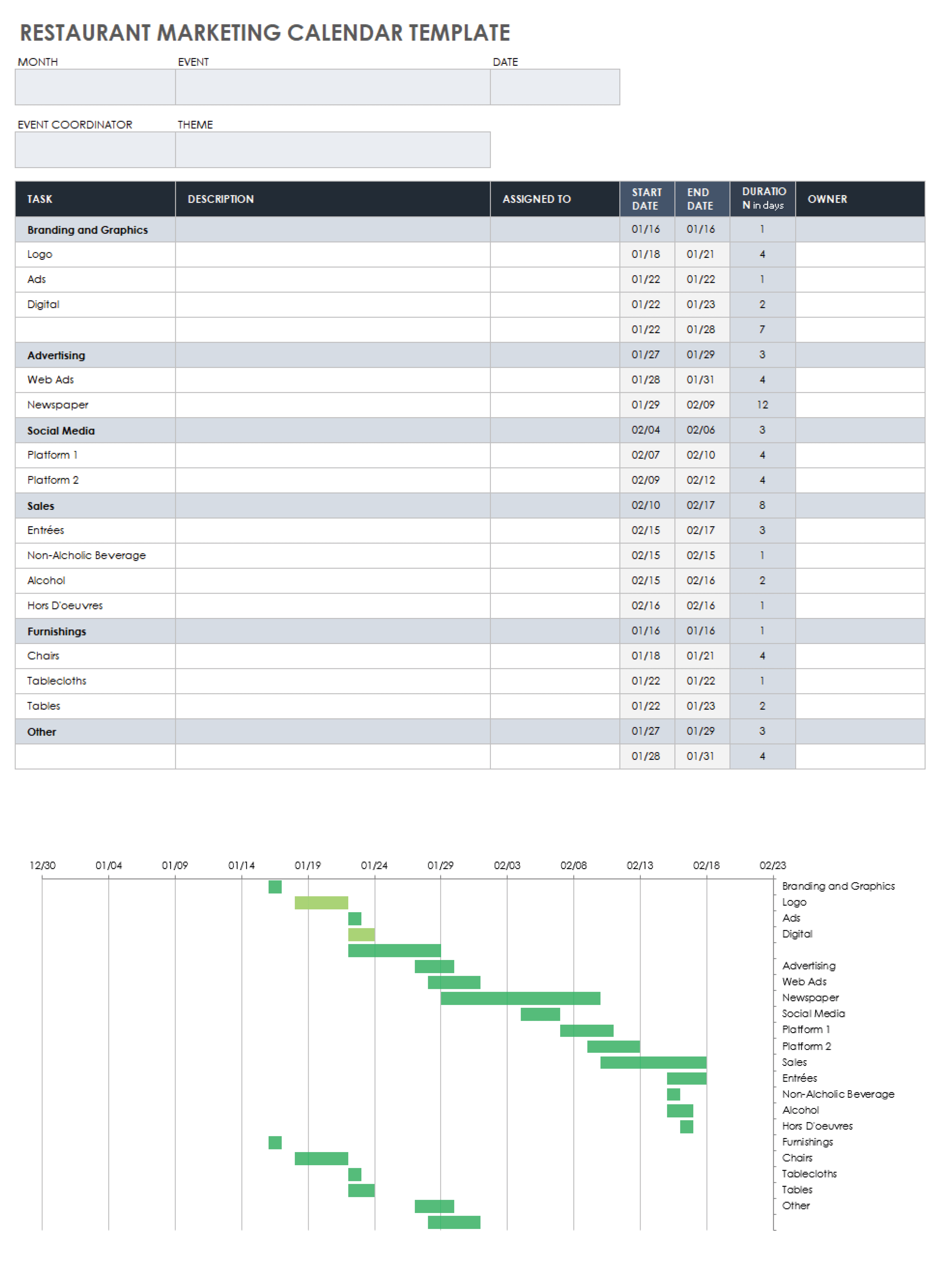 Restaurant Marketing Calendar Template