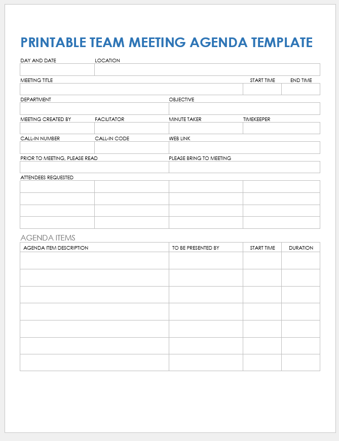 Printable Team Meeting Agenda Template