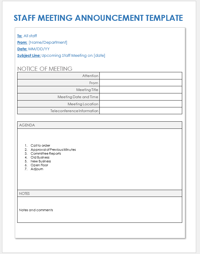 Staff Meeting Announcement Template