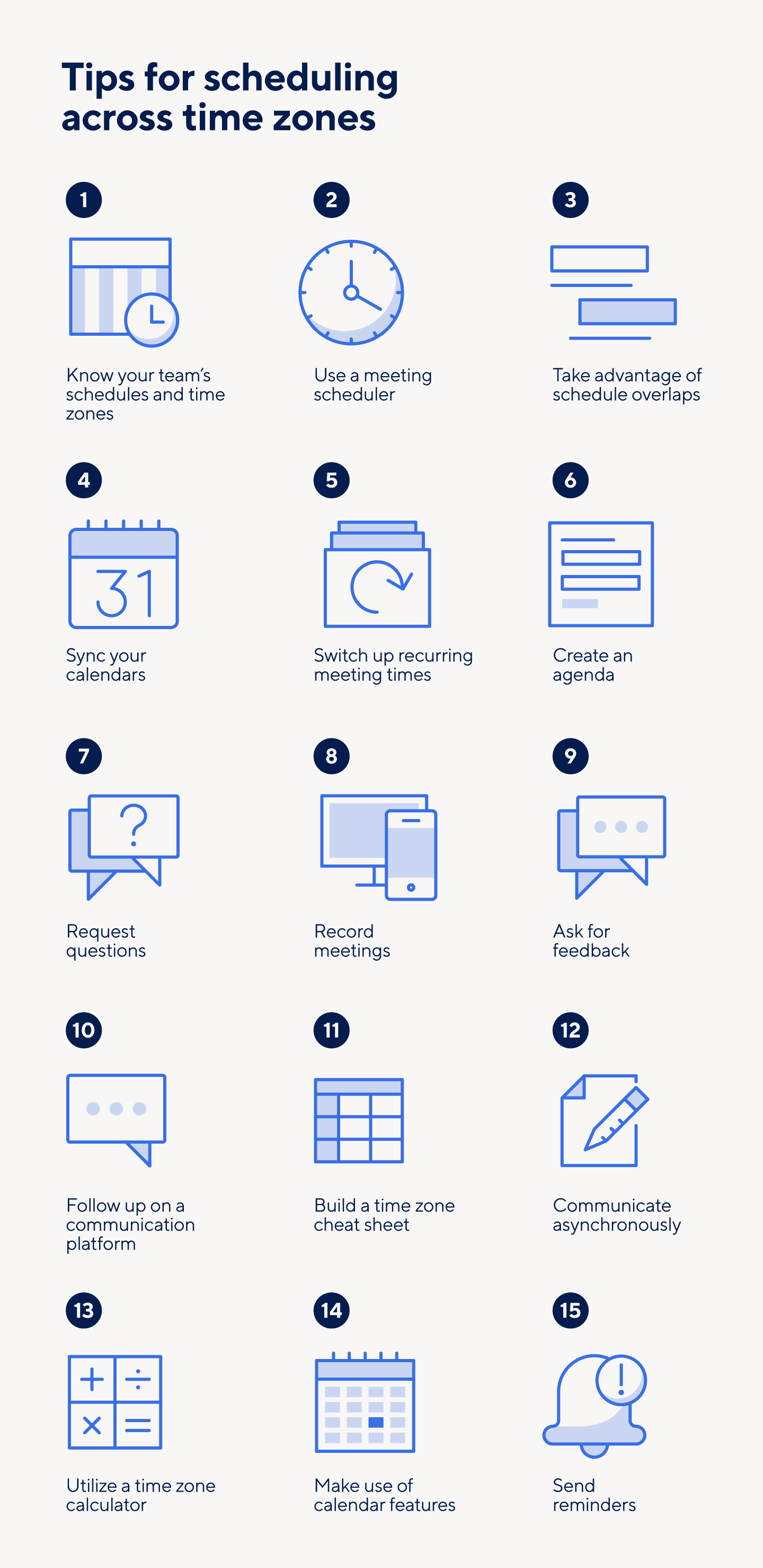 15 tips for scheduling across time zones, including reminders and syncing calendars.