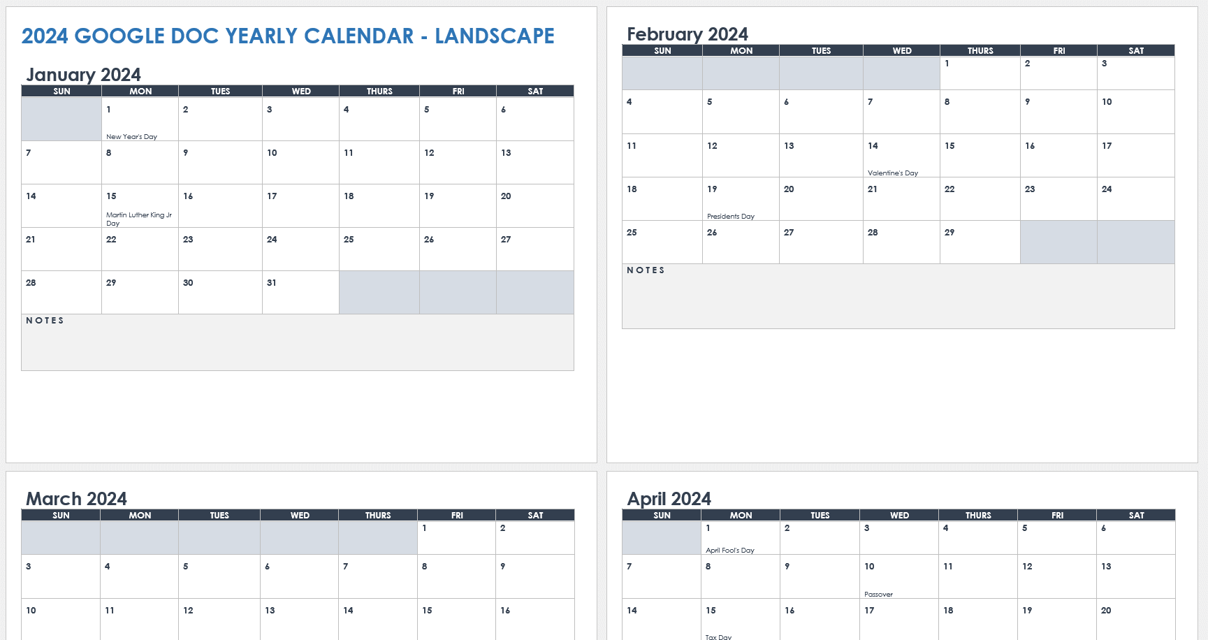 2024 Google Doc Yearly Calendar Landscape