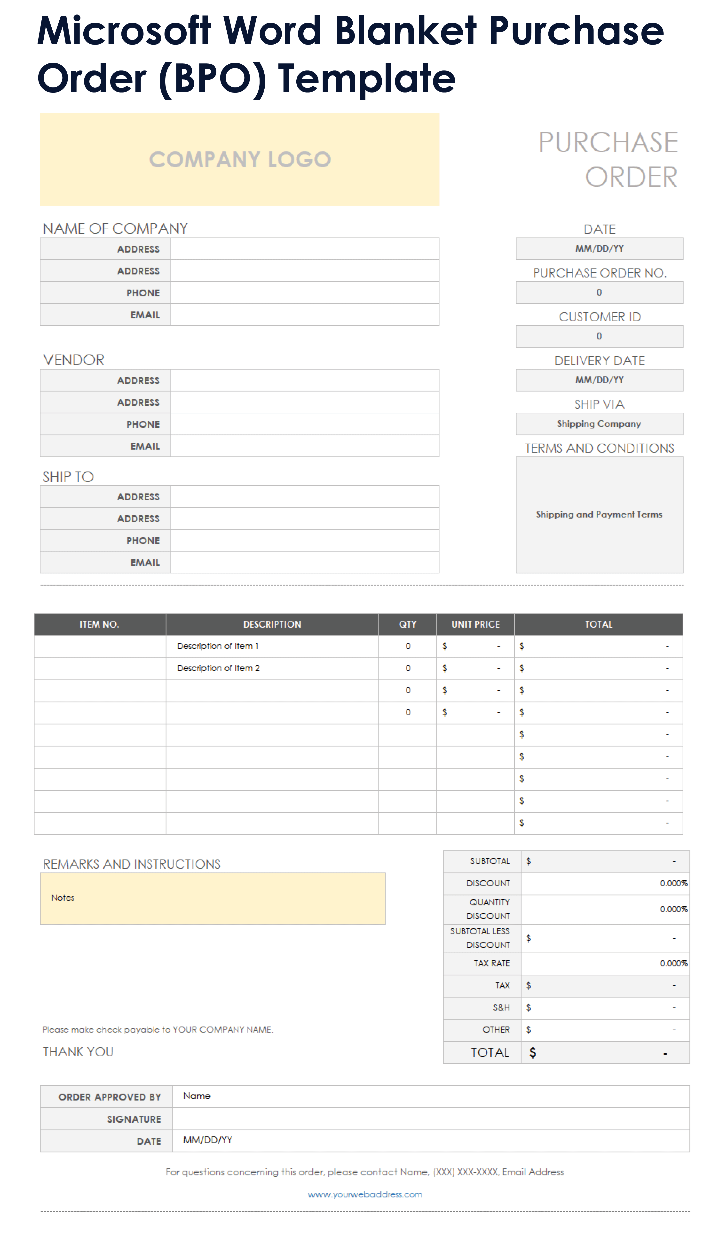 Microsoft Word Blanket Purchase Order BPO Template