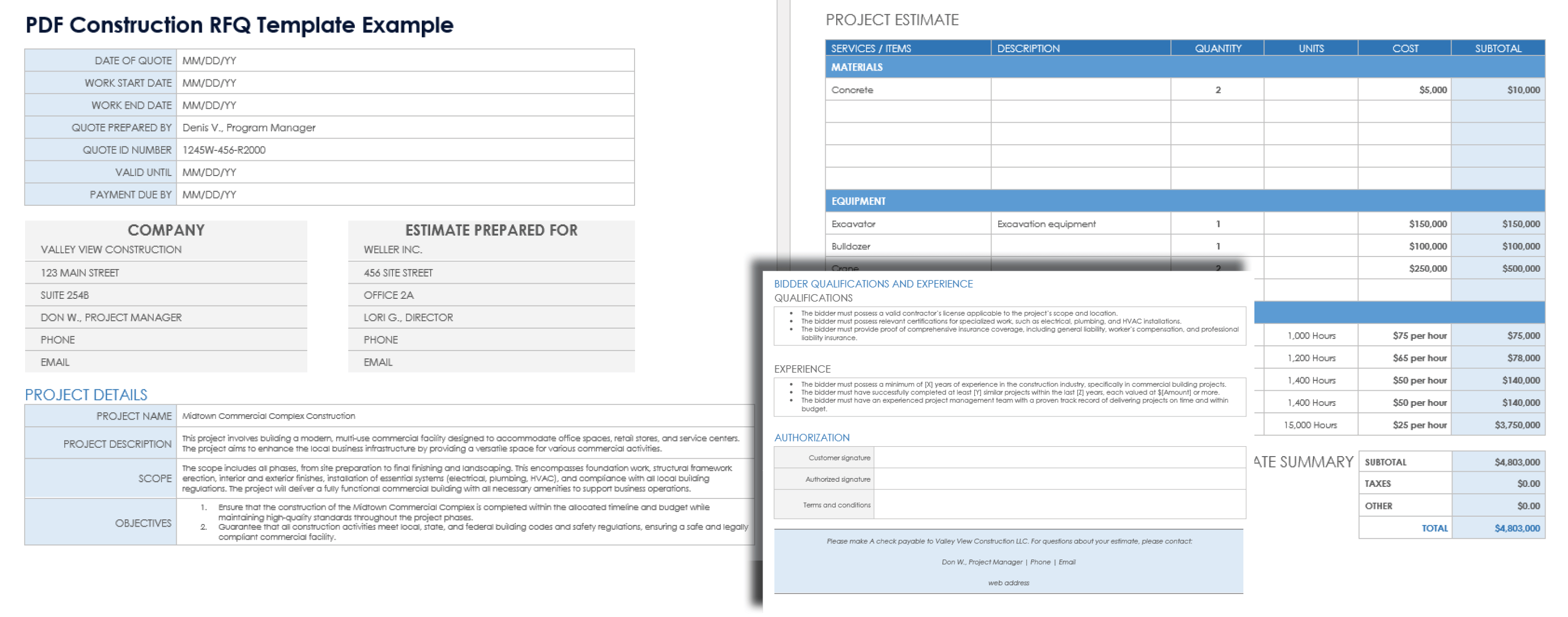 PDF Construction RFQ Template Example