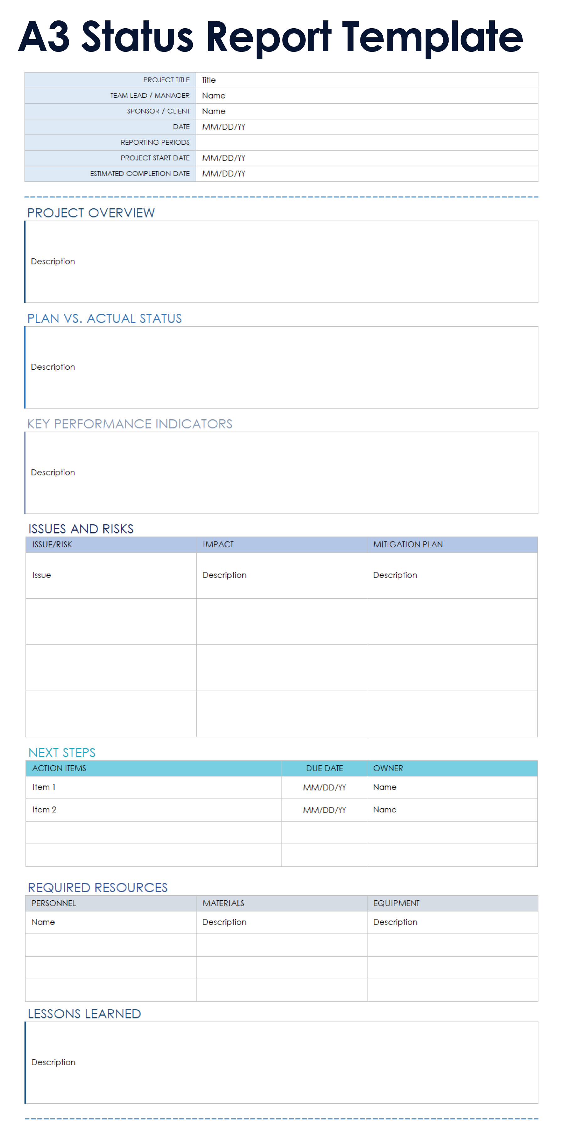 A3 Status Report Template