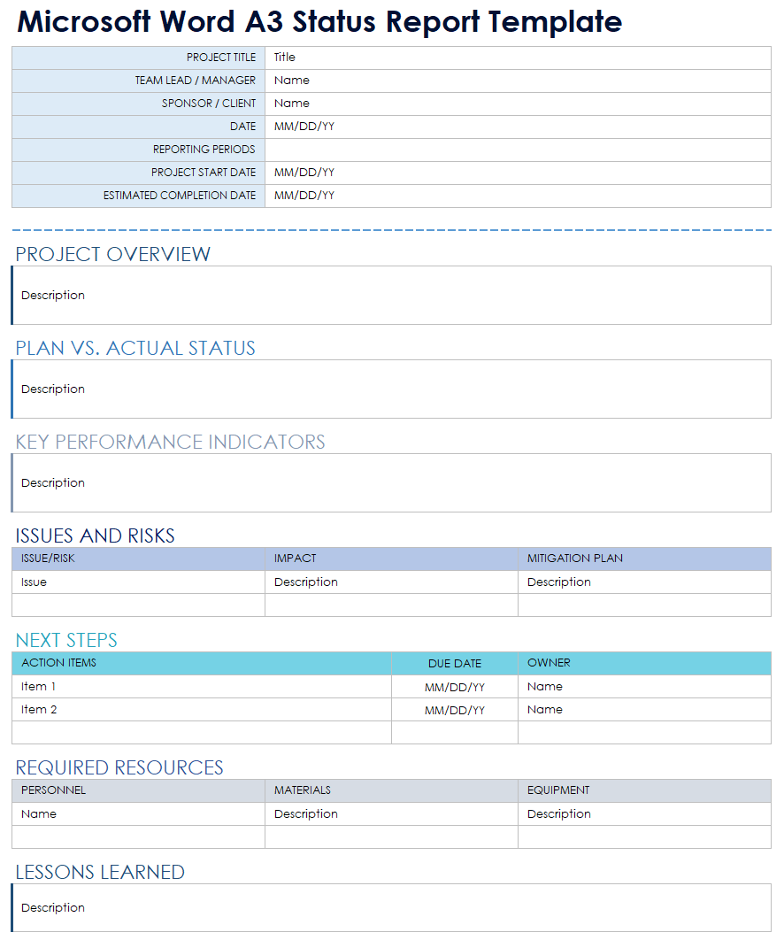 Microsoft Word A3 Status Report Template