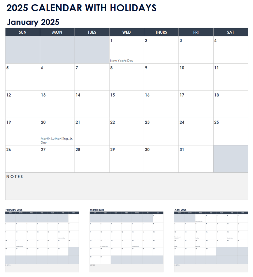 2025 Calendar with Holidays