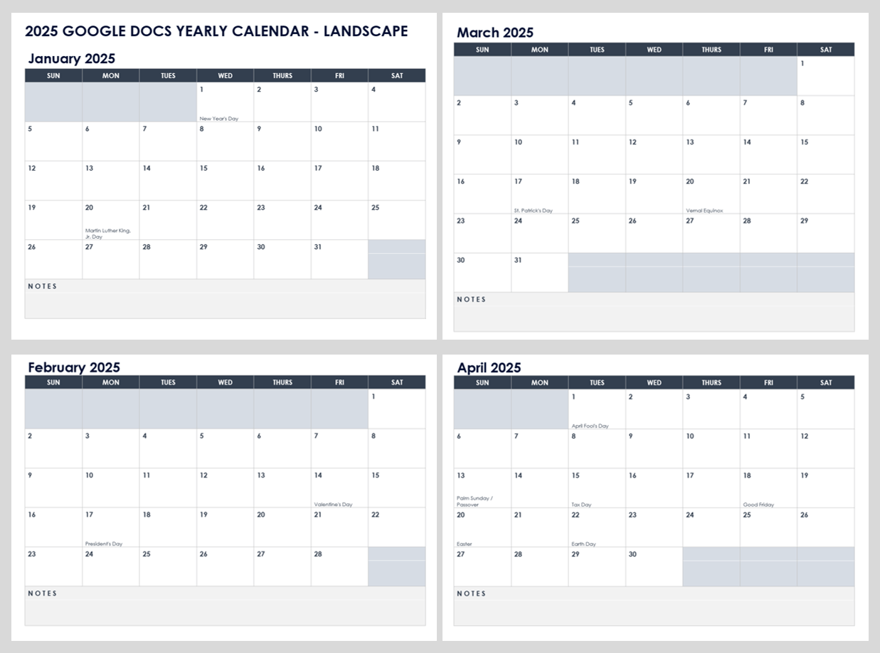 2025 Google Docs Yearly Calendar Landscape