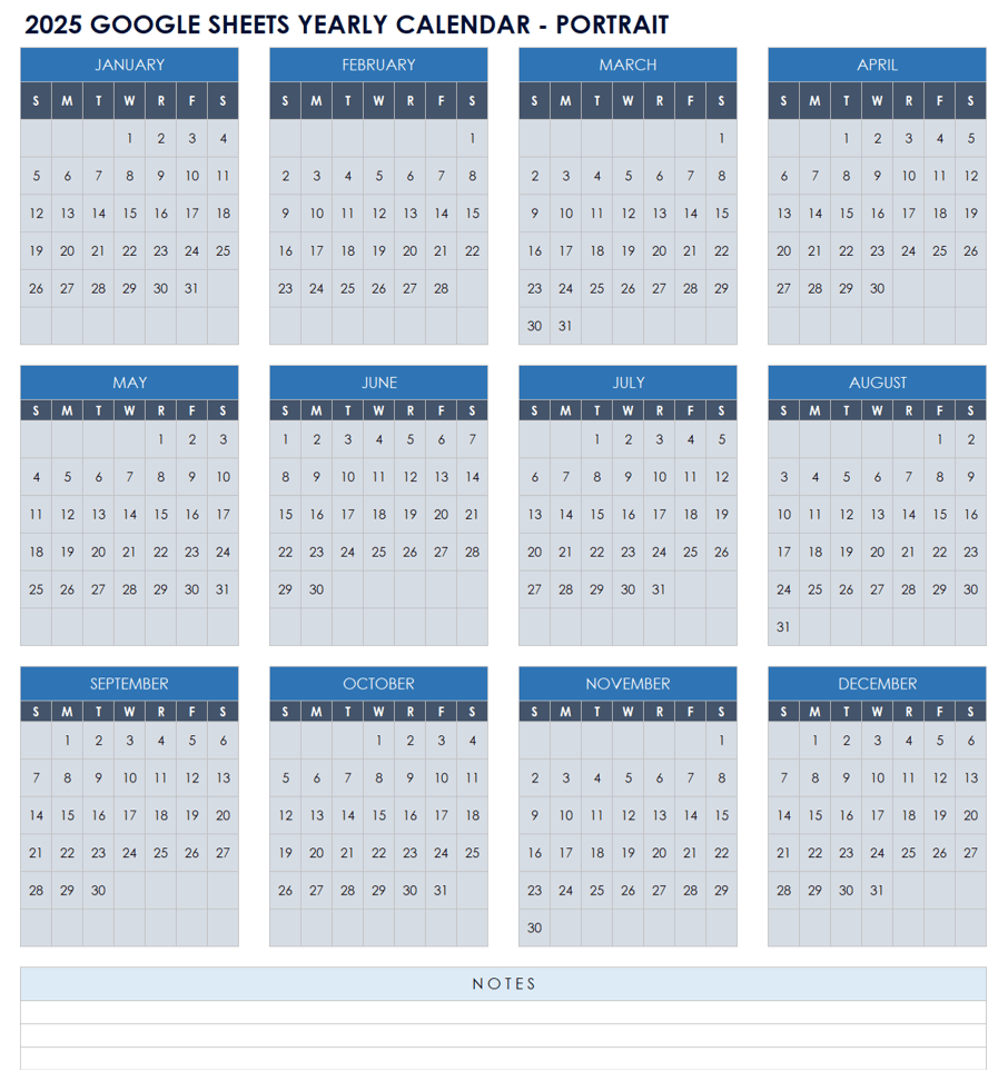 2025 Google Sheets Yearly Calendar Portrait