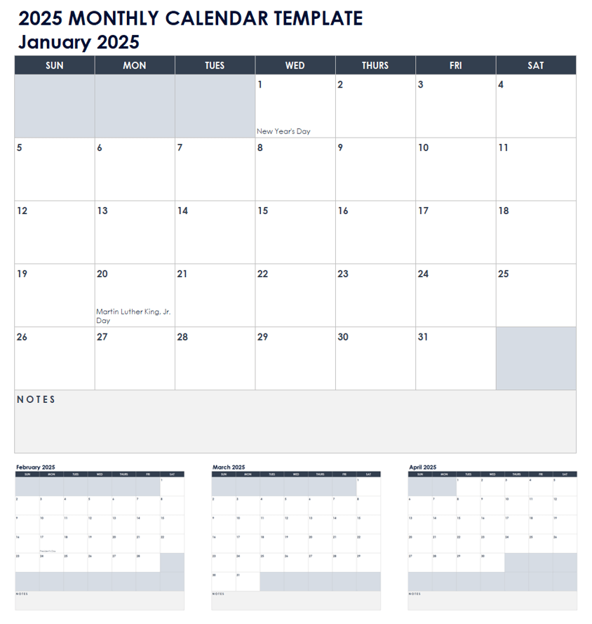 2025 Monthly Calendar Template