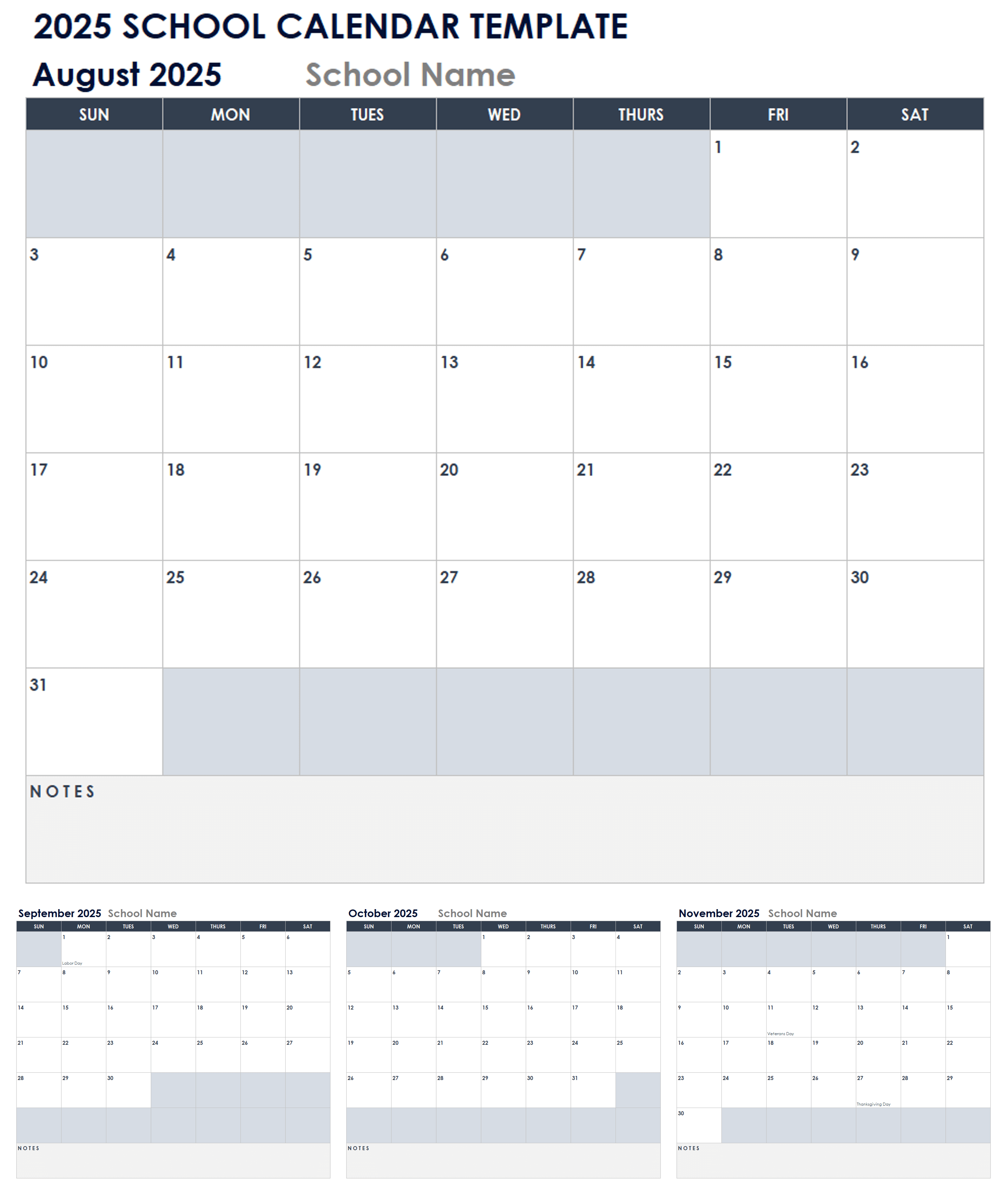 2025 School Calendar Template