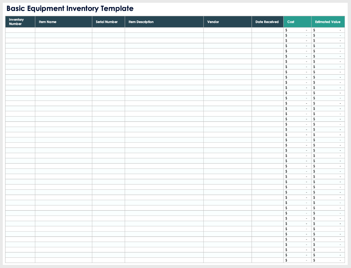 Basic Equipment Inventory Template