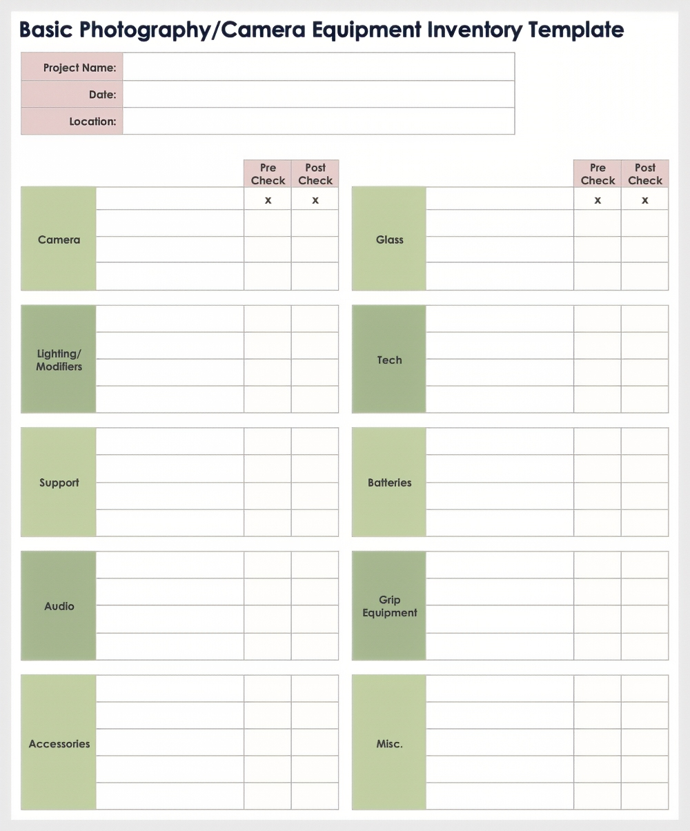 Basic Photography Camera Equipment Inventory Template