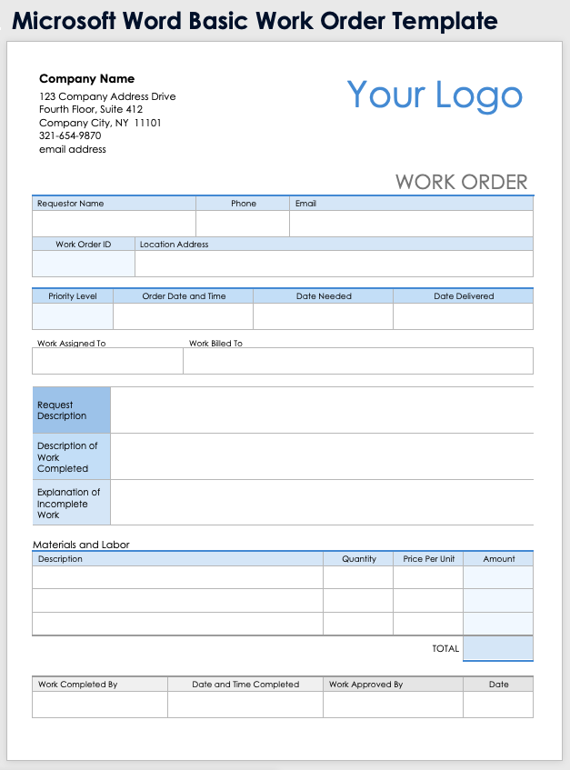 Microsoft Word Basic Work Order Template