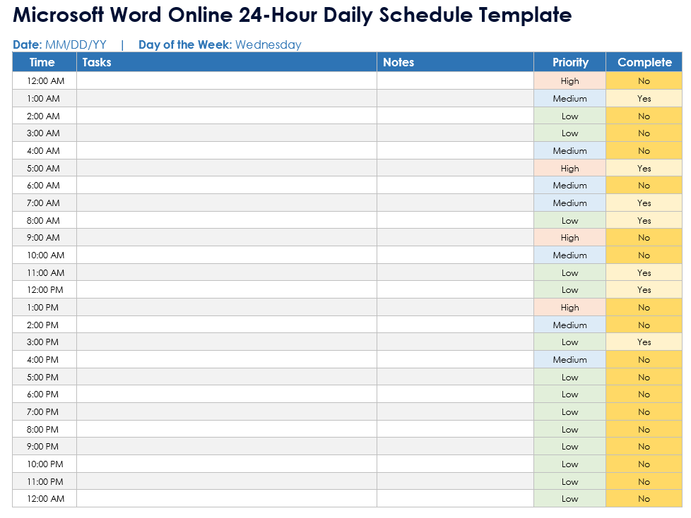 Microsoft Word Online 24-Hour Daily Schedule Template