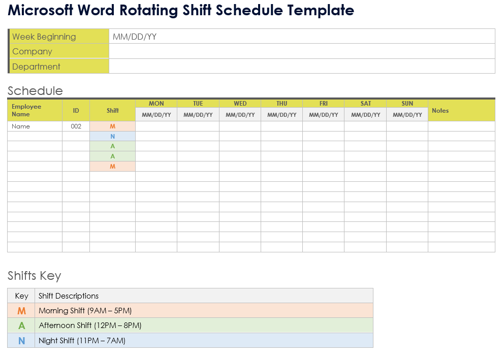 Microsoft Word Rotating Shift Schedule Template