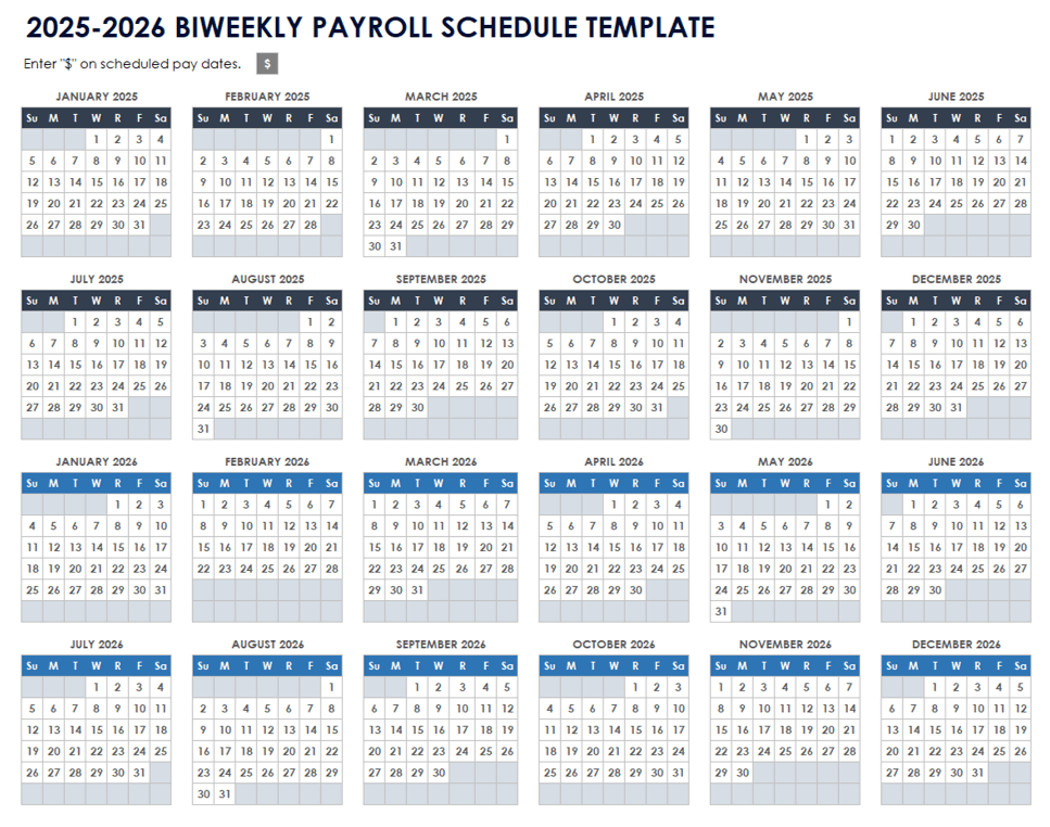 2025-2026 Biweekly Payroll Schedule Template