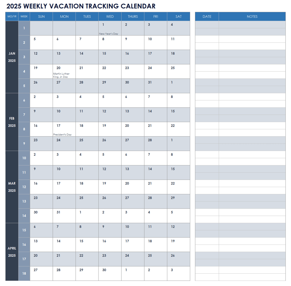 2025 Weekly Vacation Tracking Calendar