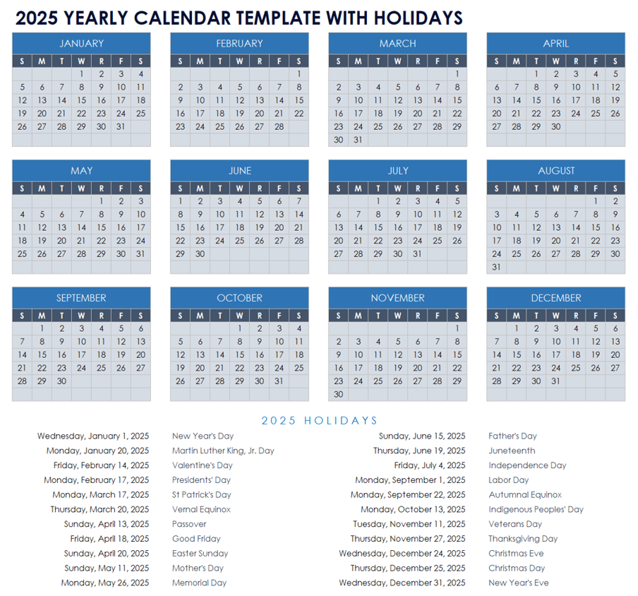 2025 Yearly Calendar Template with Holidays