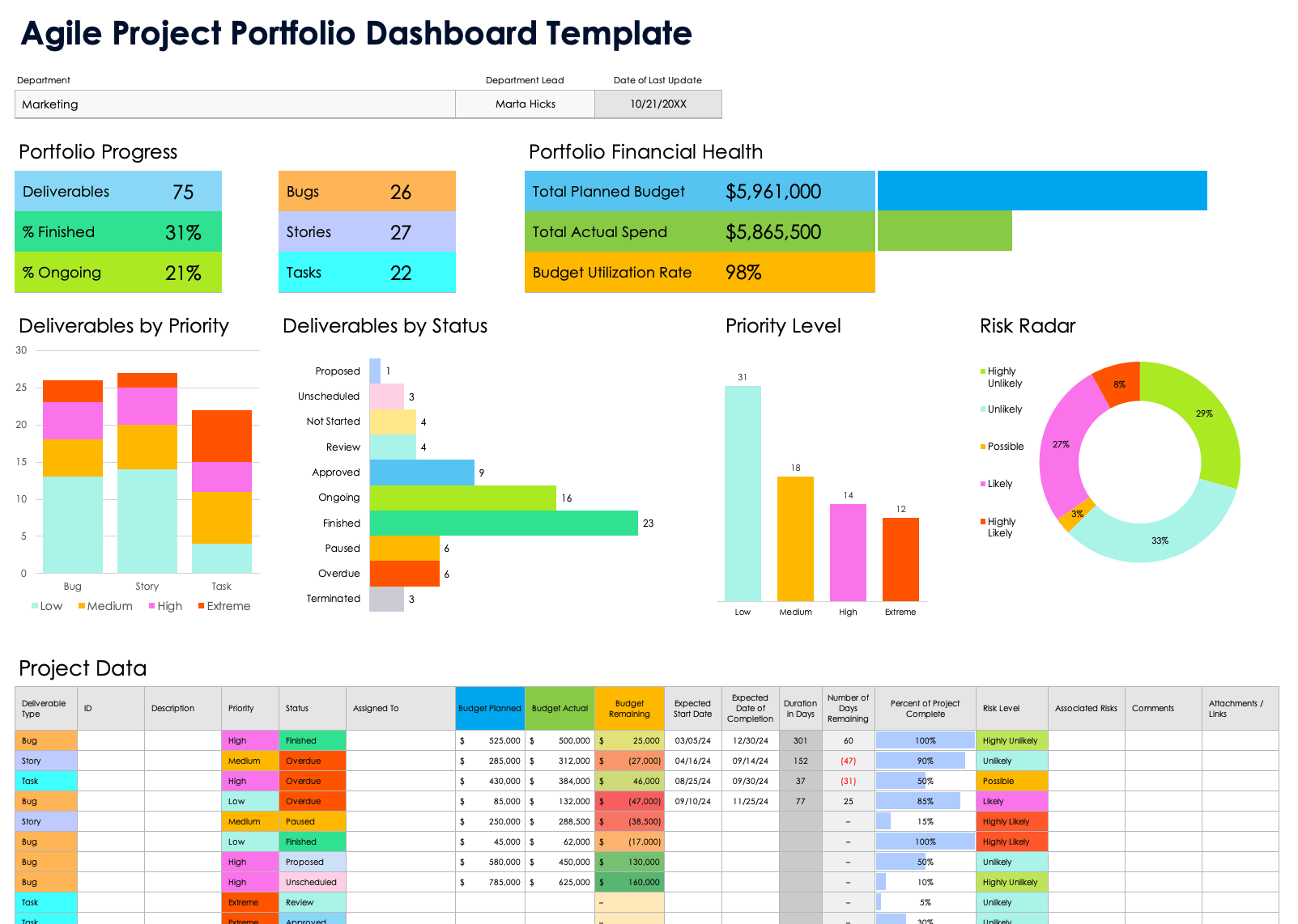 Agile Project Portfolio Dashboard Template