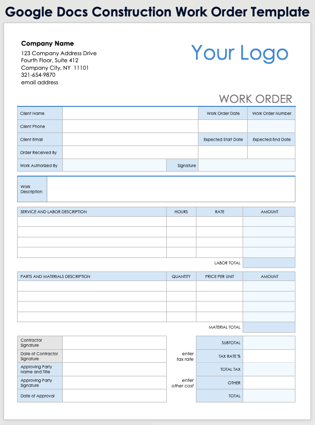 Google Docs Construction Work Order Template