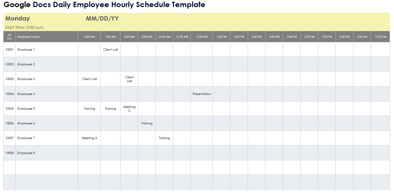 Google Docs Daily Employee Hourly Schedule Template