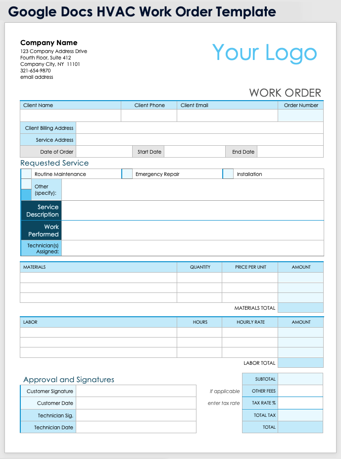 Google Docs HVAC Work Order Template