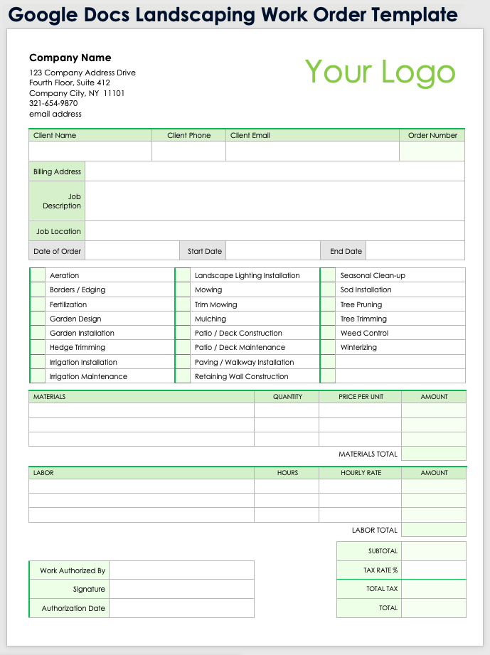 Google Docs Landscaping Work Order Template