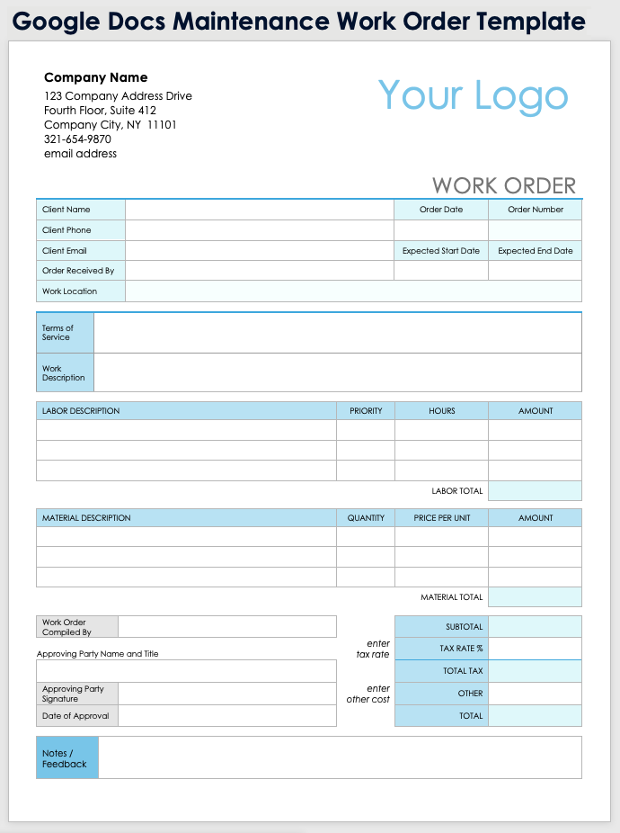 Google Docs Maintenance Work Order Template