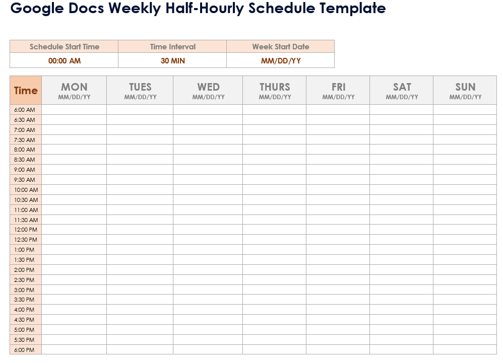 Google Docs Weekly Half Hour Schedule Template