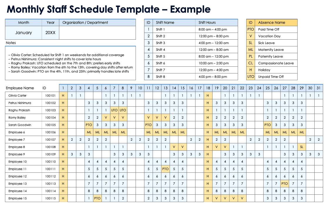 Monthly Staff Schedule Template Example