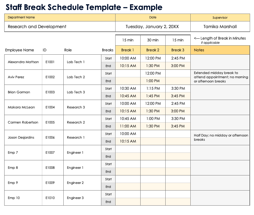 Staff Break Schedule Template Example