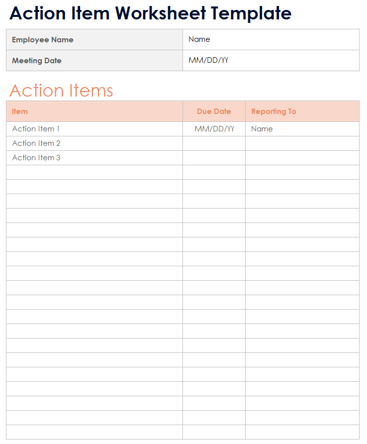 Action Item Worksheet Template