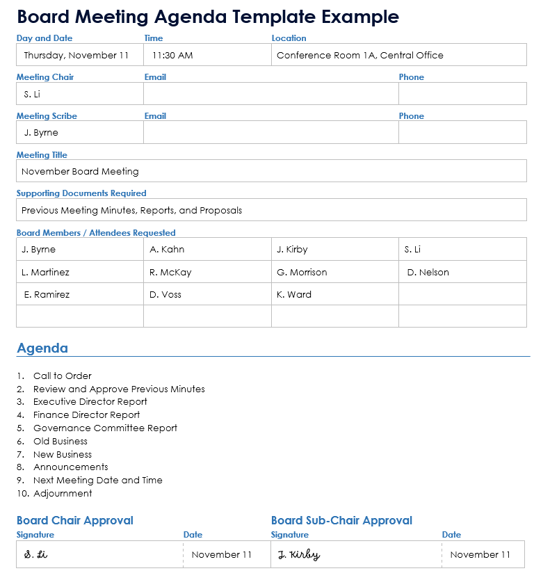 Board Meeting Agenda Template