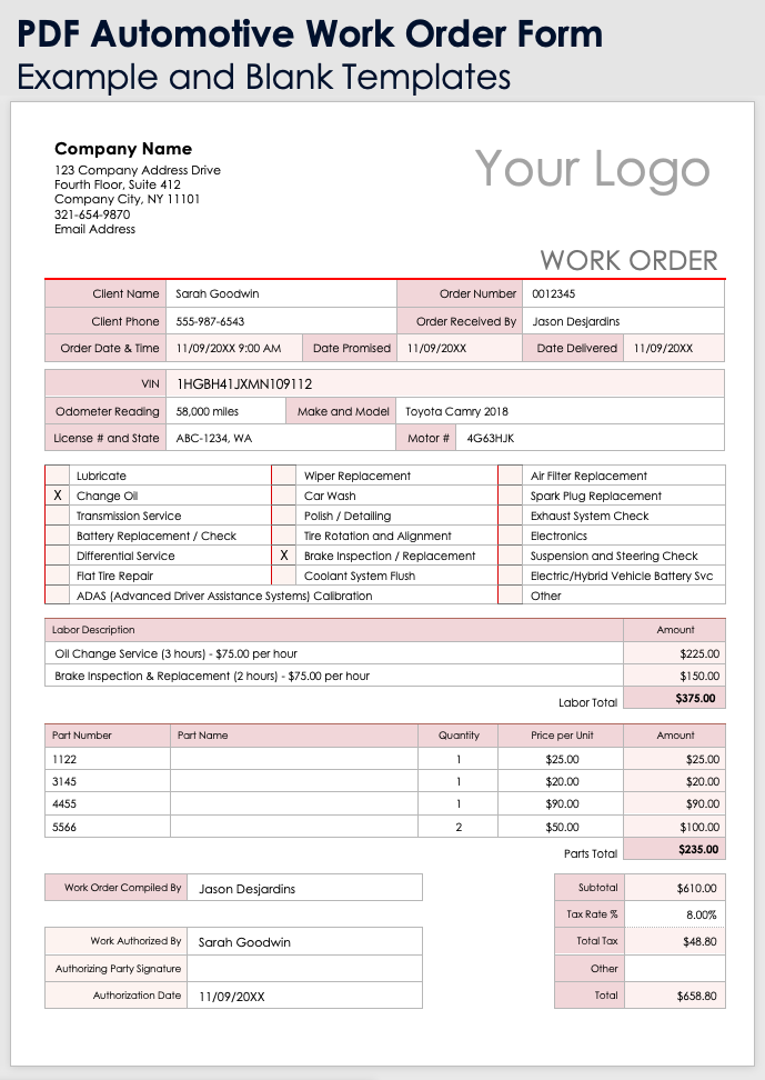 Automotive Work Order Template Example and Blank