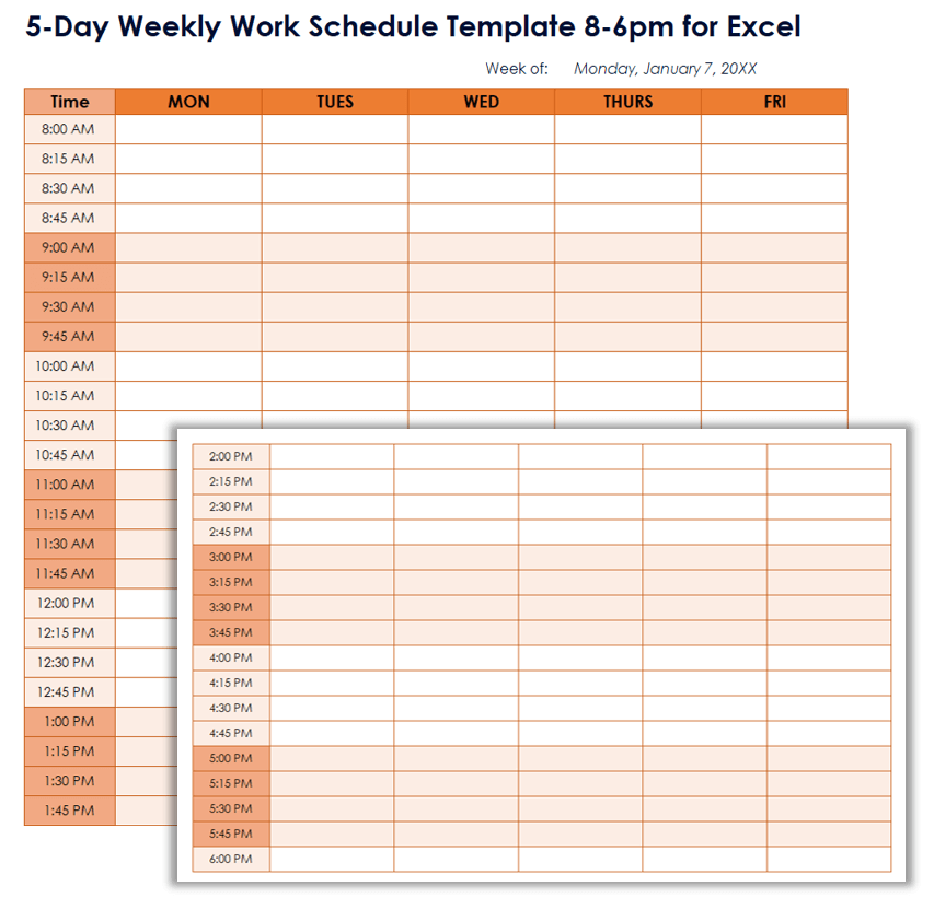 5-Day Weekly Work Schedule Template 8-6pm for Excel