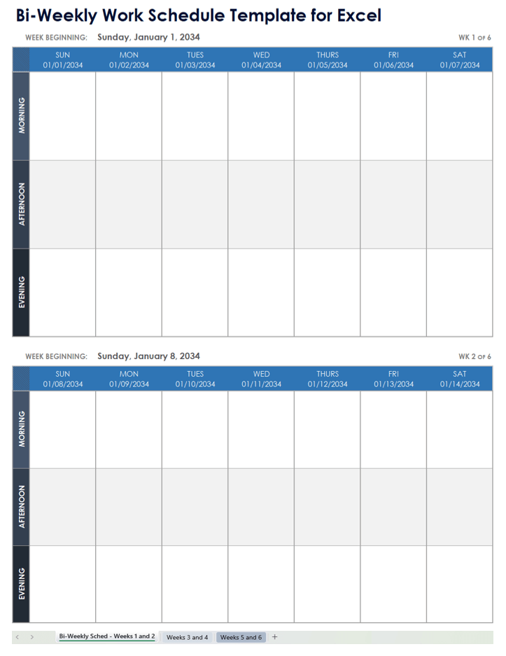 Bi-Weekly Work Schedule Template for Excel