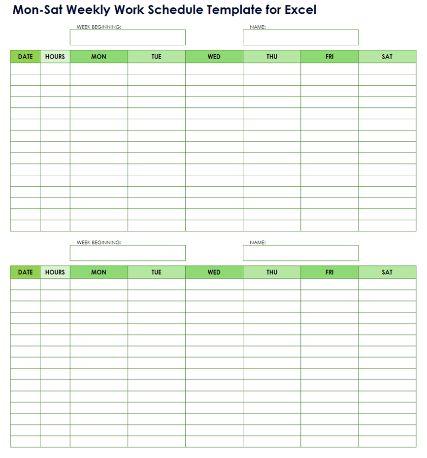 Mon Sat Weekly Work Schedule Template With Two On Page For Excel