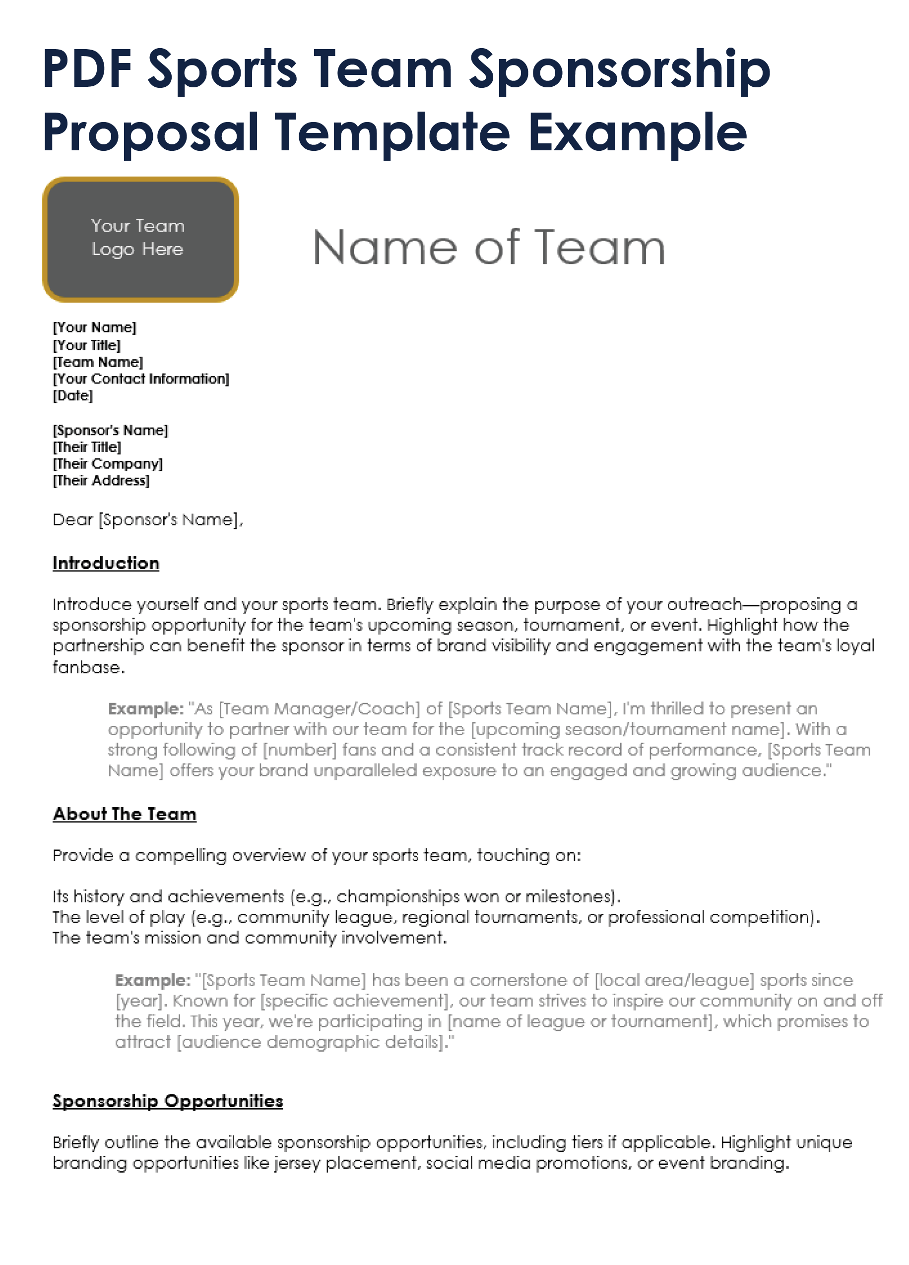 PDF Sports Team Sponsorship Proposal Letter Template