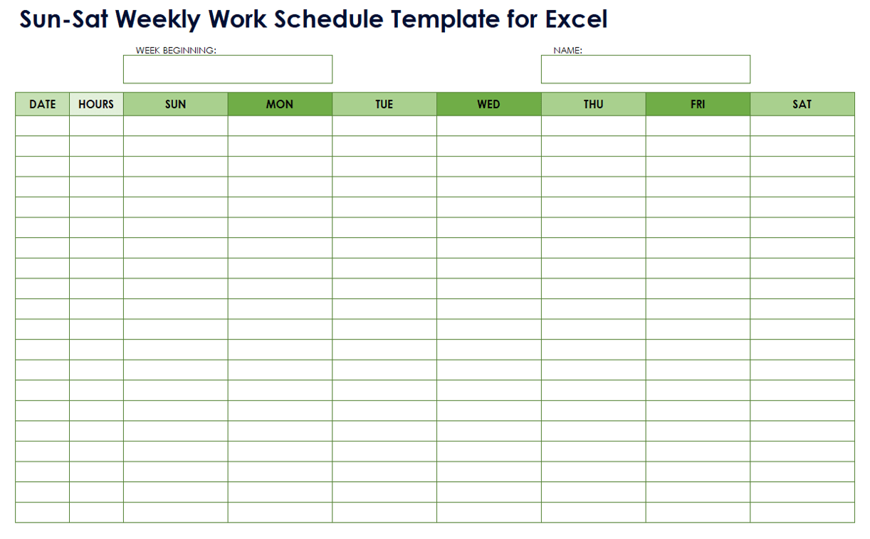 Sun-Sat Weekly Work Schedule Template for Excel