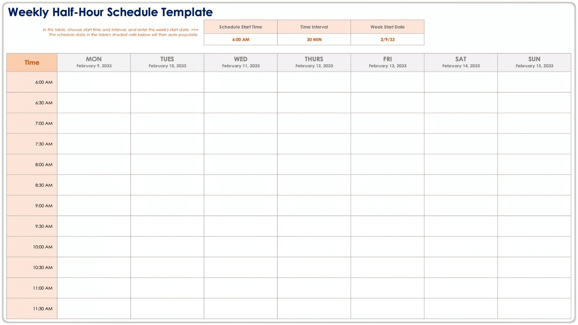 Weekly Half Hour Schedule Template