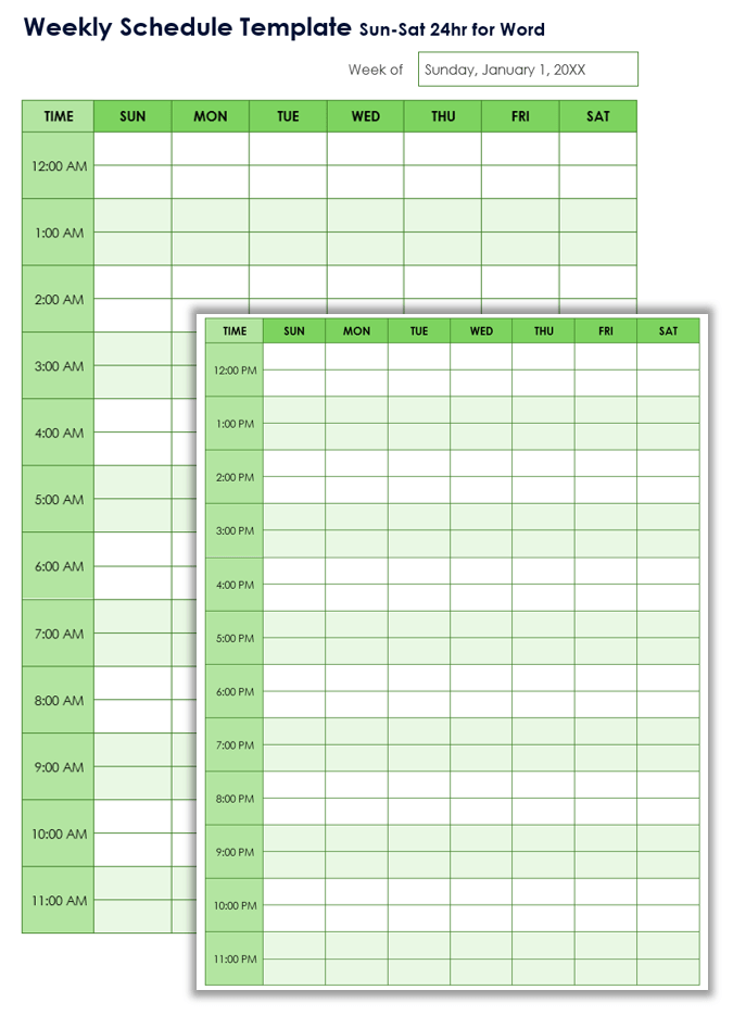 Weekly Schedule Template Sun-Sat 24hr